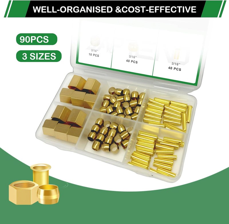 Japtend 90pcs 3/16" Brass Compression Sleeves Ferrules Inserts Nuts Fittings Assortment Kit, Air Hose Ferrules Kit of Air Water Fuel Oil Gas Tube Lines - Image 5